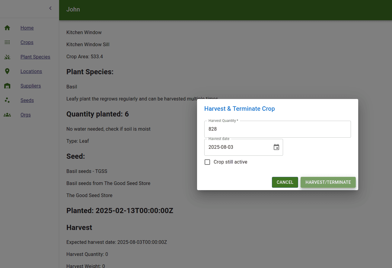 PlantInt harvest/termination form