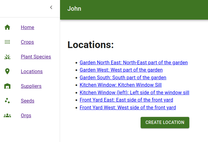 PlantInt locations page, shows list of locations where plants are