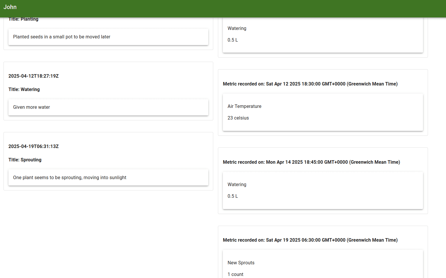 Image of notes and metrics a plant has been under