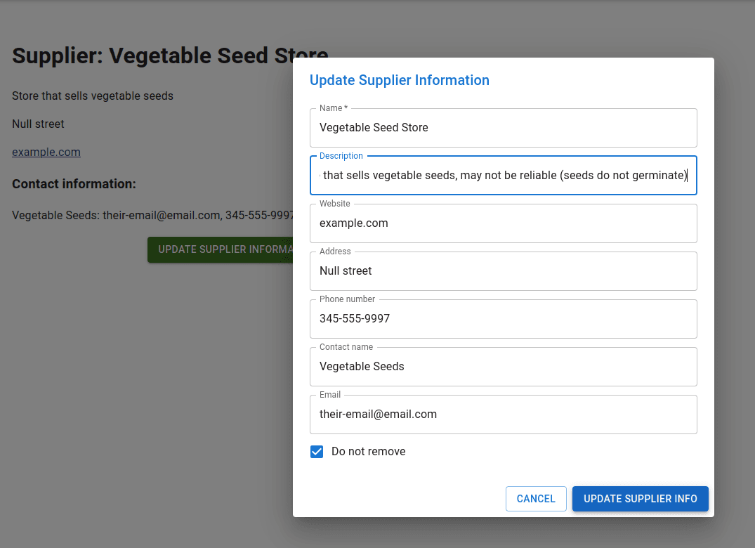 PlantInt supplier update page, changing the descripiton of a supplier