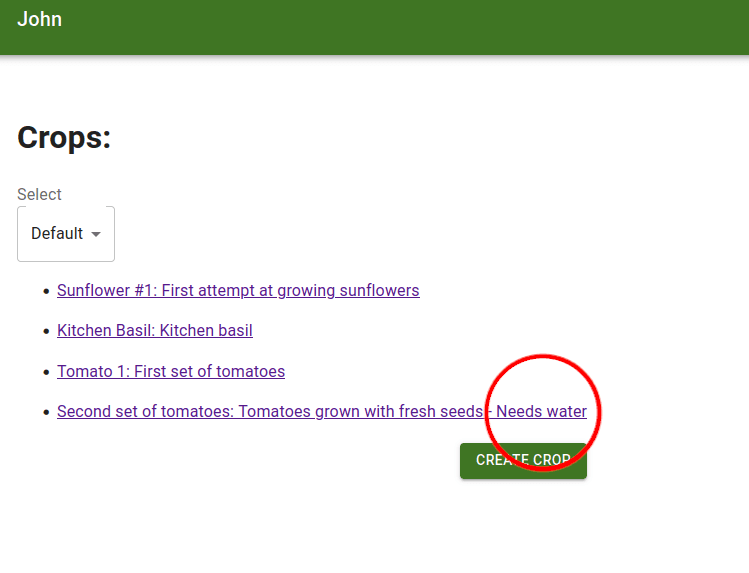 PlantInt watering, shows a list of plants with one that says "Needs water"